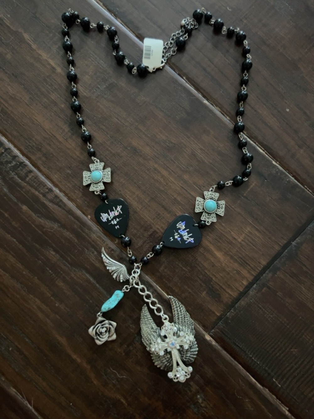 Apricot Lane Guitar Pick Cross Wings Turquoise Statement Necklace